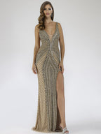 Lara 29499 - Embellished Long Dress with Thigh High Slit