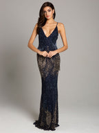 Lara Danika Floral Beaded Sheath Beaded Dress with Beaded Fringe