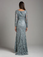 Lara 29924 - Long Sleeve Lace Dress With Lace Appliques