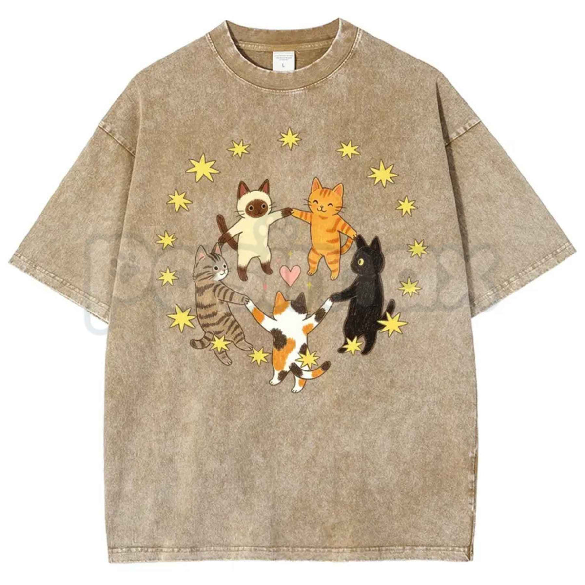 Five Holding Hands Circle Cats T-Shirt – Retro Wholesome Kitten Star Heart Graphic Tee, Vintage Washed Lightweight Cotton Unisex Top