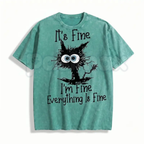 It’s Fine I’m Fine Everything Is Fine Cat T-Shirt – Funny Sarcastic Kitten Graphic Tee, Retro Washed Lightweight Cotton Kitty Mom Top