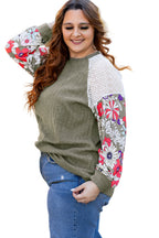 Vineyard Green Plus Size Textured Floral Patchwork Raglan Sleeve Top