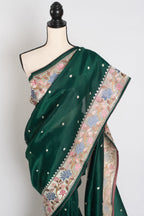 Farheen : Bottle Green Thread Embroidery Party Wear Organza Saree