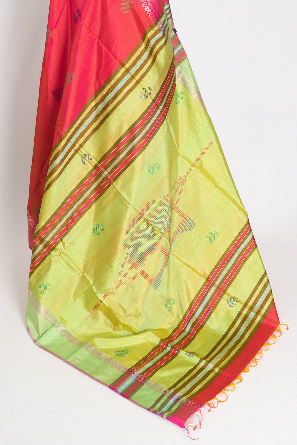Malini : Bishnupur Katan Silk Saree in Peach Orange and Green