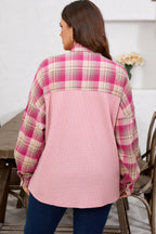 Pink Waffle Patch Pocket Plaid Patchwork Plus Size Shirt