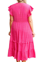 Rose Polka Dot Print Ruffled Smocked High Waist Plus Midi Dress