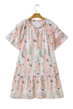 Pink Plus Size Floral Print Striped Detail Short Summer Dress