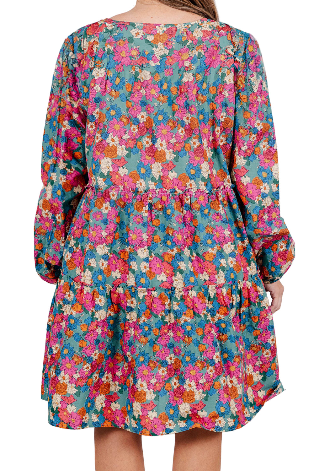 Sky Blue Plus Size Floral Print Shirred Ruffle Tiered Mini Dress