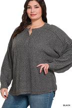 Zenana Full Size Ribbed Brushed Hacci Melange Henley Sweater Plus Size