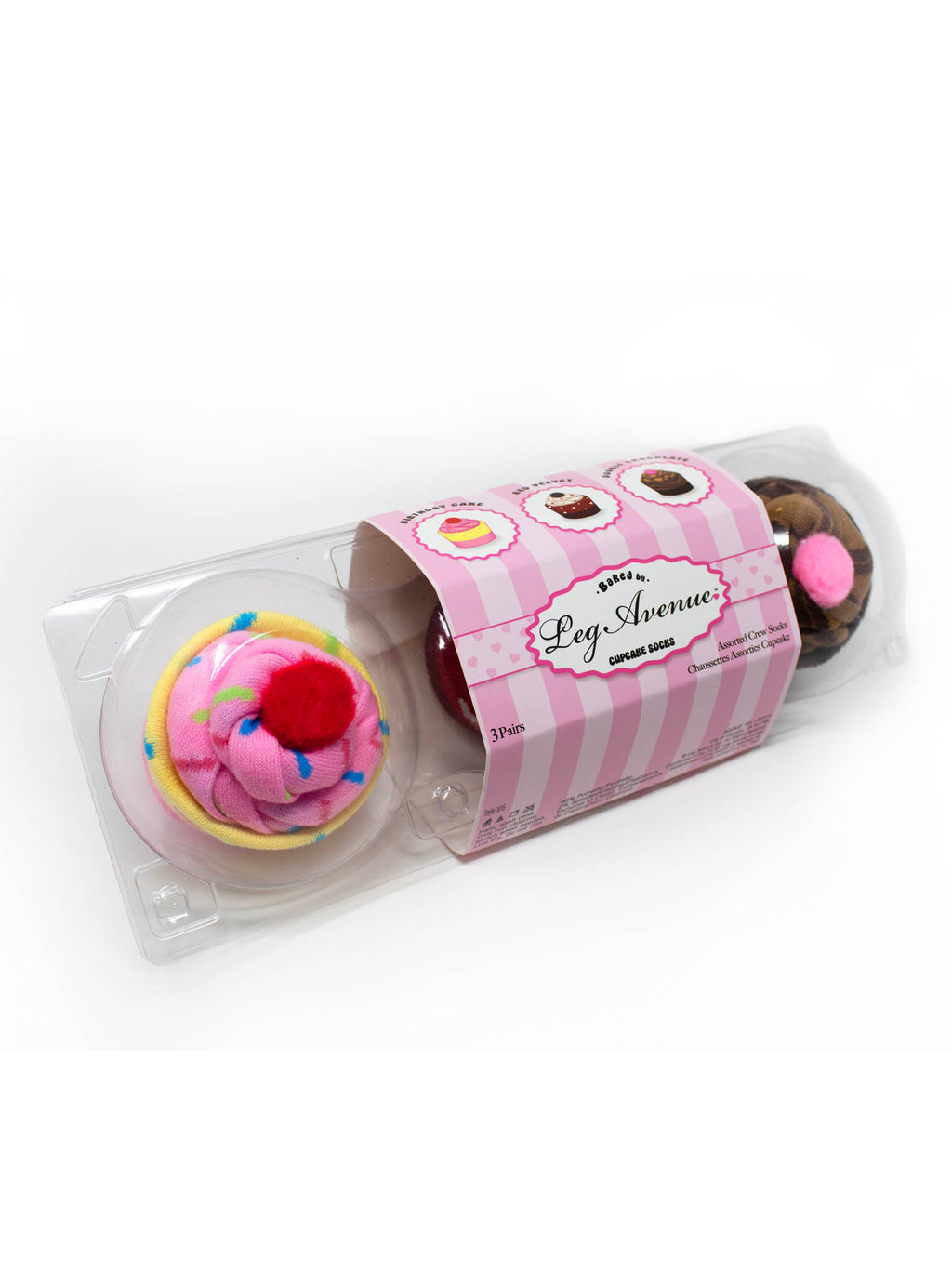 3 PC Cupcake Socks Set, includes 3 pairs of fresh baked woven cupcake crew socks with mismatched designs.