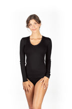 EGI Exclusive Collections Women's Merino Wool Blend Lace-Trimmed Long Sleeves T-Shirt. Proudly Made in Italy (307)