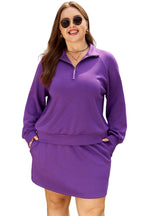 Wisteria Collar Half Zip Pullover Mini Skirt Plus Size 2pcs Set