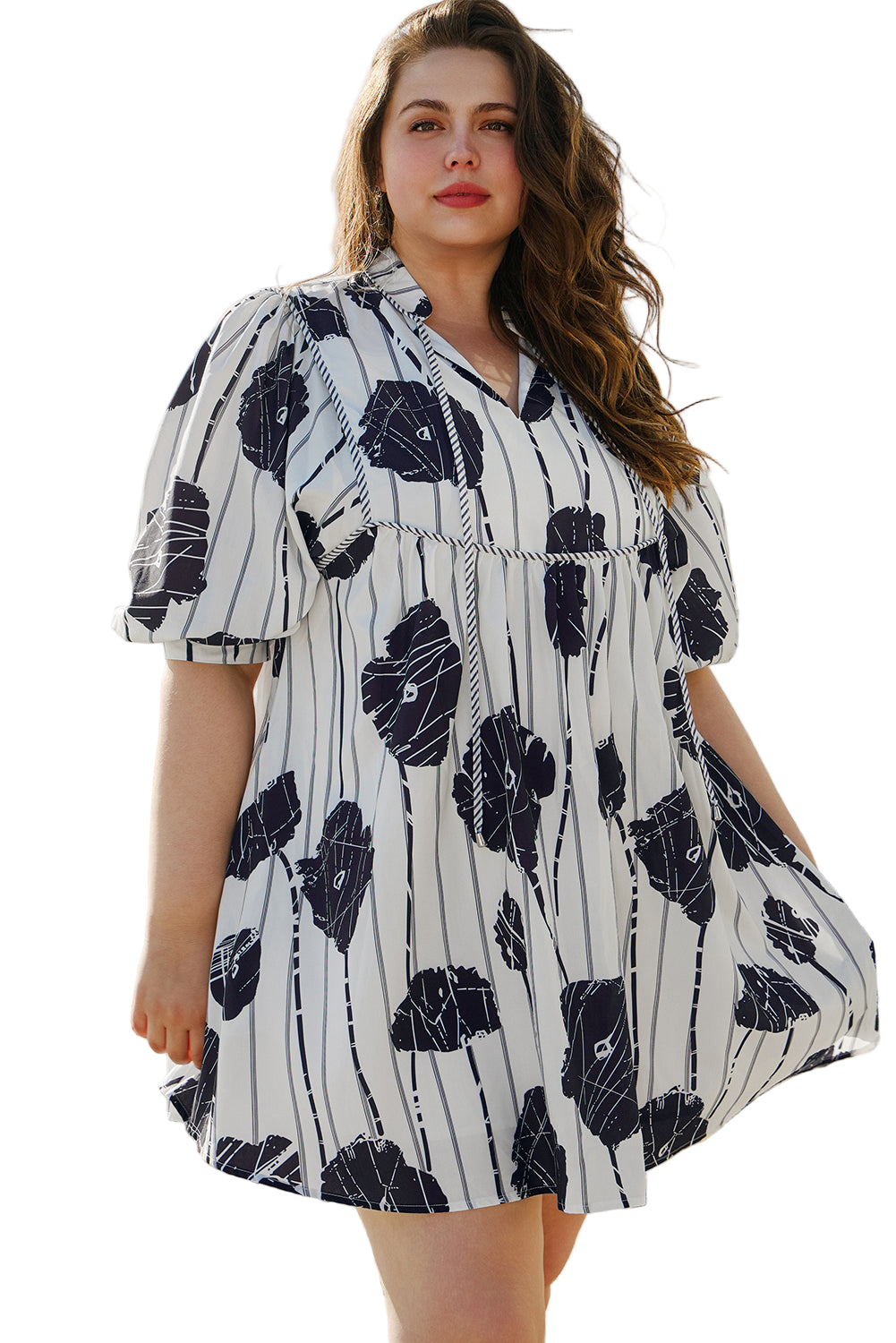 Black Plus Size Floral 3/4 Puff Sleeve Lace-up Neck Mini Dress