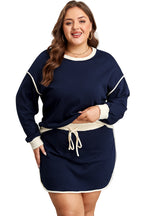 Navy Blue Plus Color Block Drop Shoulder Top and Lace-up Skirt Outfit