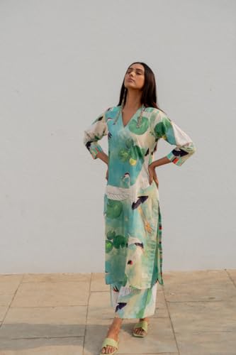 ANNI DESIGNER Womens Cotton Blend Straight Printed Kurta with Palazzo (Swans See Green_M_See Green_Medium)