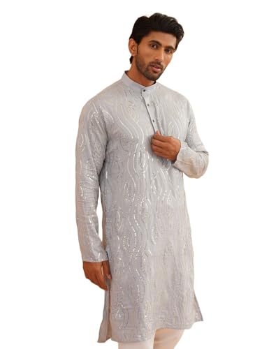 Sojanya (Since 1958 MenS Embroidered Sequinned Cotton Grey Long Kurta