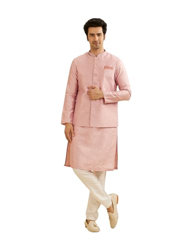 Manyavar MenS Art Silk Sequined Kurta Jacket Pyjama Set (Pink,L)