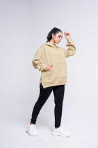 Greciilooks Women Cotton Hooded Neck Solid Regular Fit Hoodie Long Tops Oversized Shirt Beige