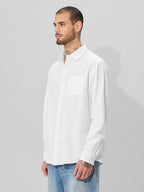 The Souled Store Solids: Pearl White Men And Boys Collared Neck Long Sleeve Button Front Regular Fit Cotton Linen Shirts Solid S