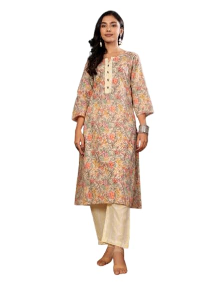 Varanga Varnaga Grey And Green Floral Printed Straight Kurta With Trouser Set | Round Neckline With V-Cut | 3/4Th Sleeves | Side
