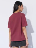 The Souled Store Oversized T-Shirt: Emergency Women and Girls Short Sleeves Round Neck Red Embellished Cotton Oversized T-Shirts