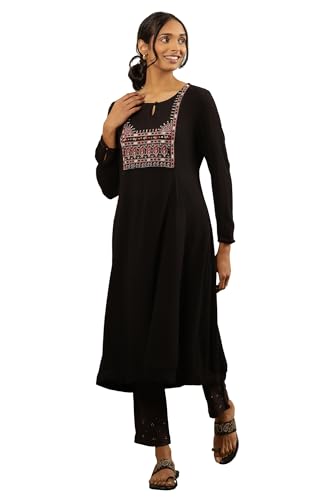 Folksong By W Women Black Festive Solid Viscose A-Line Kurta_24Maf11708-920775_S