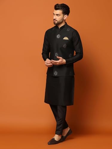 Kisah MenS Kurta Jacket Trousers Set Cotton Blend, Embroidered, Full Sleeves, Straight, Regular Fit, Mandarin Collar Ethnic Cas