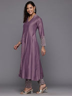 Varanga Women Mauve V Neck Mandarin Collar Kurta With Trouser - Stylish, Comfortable, And Perfect For Casual And Semi-Formal Occasions