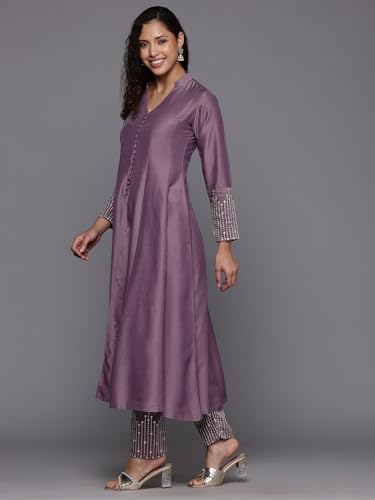 Varanga Women Mauve V Neck Mandarin Collar Kurta With Trouser - Stylish, Comfortable, And Perfect For Casual And Semi-Formal Occasions