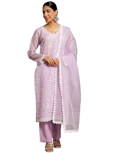 Libas Womens Embroidered Cotton Blend Pakistani Kurta With Trousers And Dupatta
