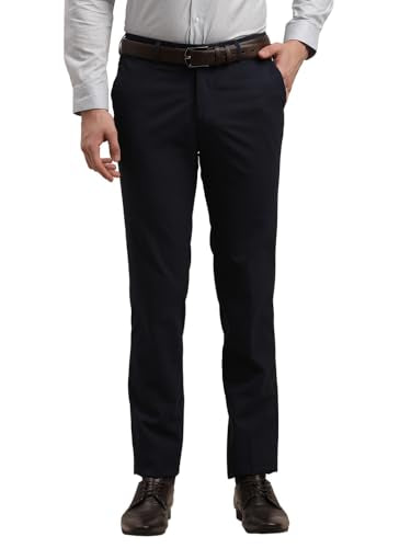 Turtle Men Narrow Fit Checkered Cotton Stretch Navy Blue Formal Trouser