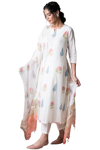 ANNI DESIGNER Womens Cotton Blend Straight Printed Kurta with Pant & Dupatta (Nairiti White_XL_White_X-Large)