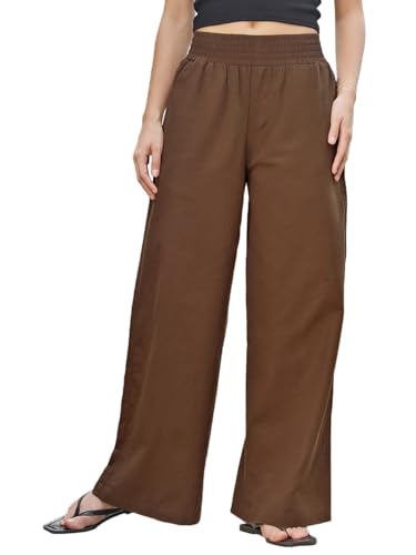 Bewakoof Womens Solid Regular Fit Cotton Linen Blend Casual Pants_677739_Brown_36