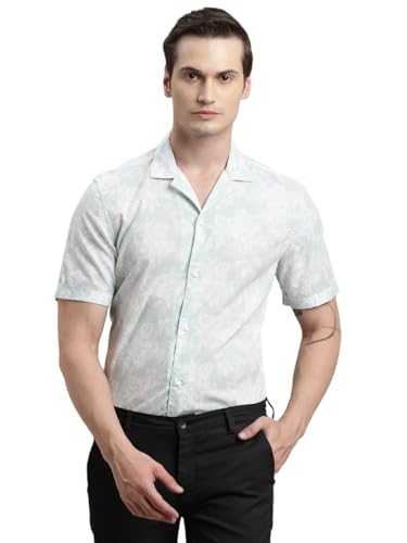 Turtle Men Cotton Tencel Grey Printed Half Sleeve Casual Shirt