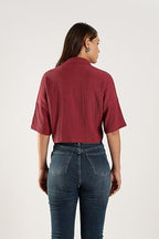 Fyltr WomenS Casual Solid Textured Crop Shirt -Boxy Fit | Half Sleeves Drop Shoulder | Tops For Jeans (Fylss25Wb-1326-Pomegrana