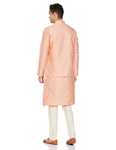 Manyavar Peach Art Silk Self Design Celebration Kurta Jacket Set With Mandarin Collar