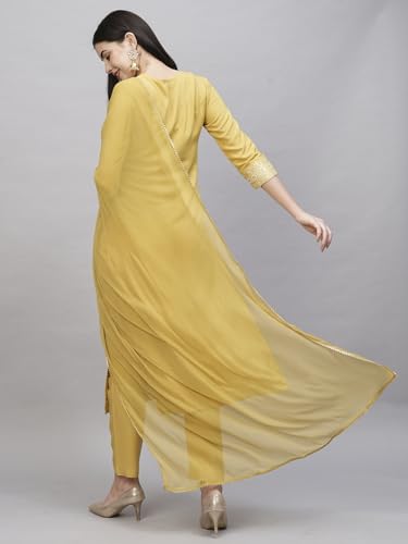 ANNI DESIGNER Womens Cotton Blend Straight Printed Kurta with Pant & Dupatta (Anahi Mustard_L_Mustard_Large)