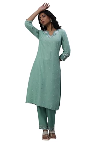 W For Woman W Women Green Festive Floral Print Viscose Co-Ord Kurta Set & Straight Pant_24Festws10943-120048_M