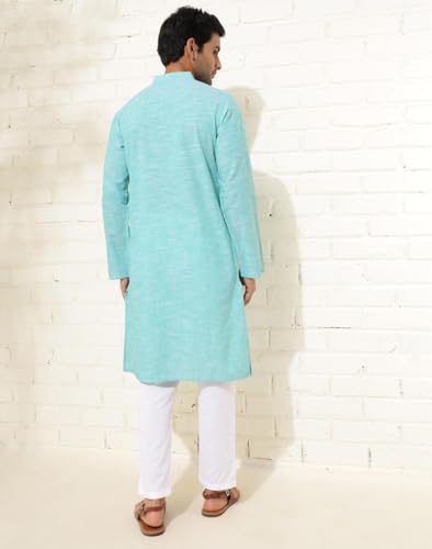 Fabindia MenS Cotton Woven Slim Long Kurta (1038412Teal_Teal