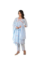Varanga Women Floral Embroidered Empire Sequinned Pure Cotton Kurta With Trousers & Dupatta Blue