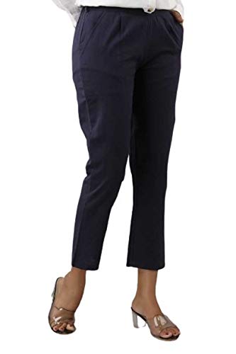 Digital Shopee Women Regular Fit Elastic Waist Full Length Cotton Formal Trouser For Casual Wear, Office Wear Navy