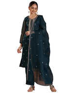 Libas Womens Embroidered Organza Straight Kurta With Trousers And Dupatta