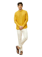 Manyavar Mens Mustard Linen Solid Short Kurtas