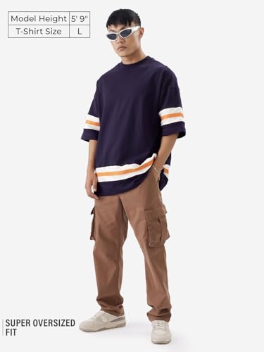 The Souled Store Originals: Iris Men and Boys Short Sleeve Round Neck Solid Purple Cotton Super Oversized T-Shirts