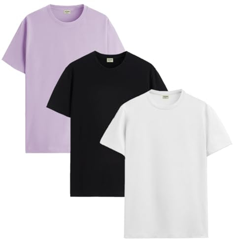ADRO Men's Solid Regular Fit T-Shirt (RCM3-PLN-PU-BL-WH_Purple,Black,White