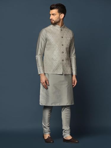 Kisah MenS Silver Kurta Jacket Churidar Set Cotton Blend, Woven Design, Full Sleeves, Straight, Regular Fit, Mandarin Collar Et