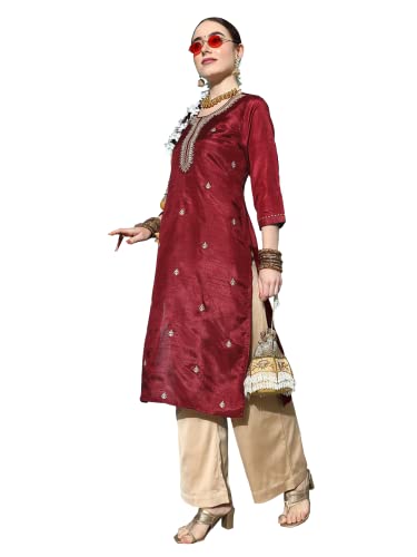 Ishin Women'S Silk Blend Maroon Embroidered Embroidered A-Line Kurta