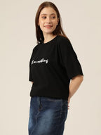 KOTTY Womens Cotton Blend Black Printed Oversized T-Shirts