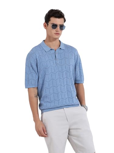 The Indian Garage Co Mens Oversized Fit Textured Half Sleeves Neck Flat Knit Sweater