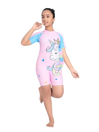 Aarika Girls Sports Wear Pink Colour Unicorn Print Swim Suit-(4-11 Years)-(SW-SHM-AB-00211-PINK-10)